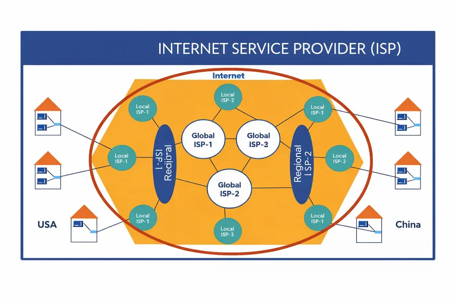 Local ISPs connecting to regional ISPs and global backbone ISPs across countries