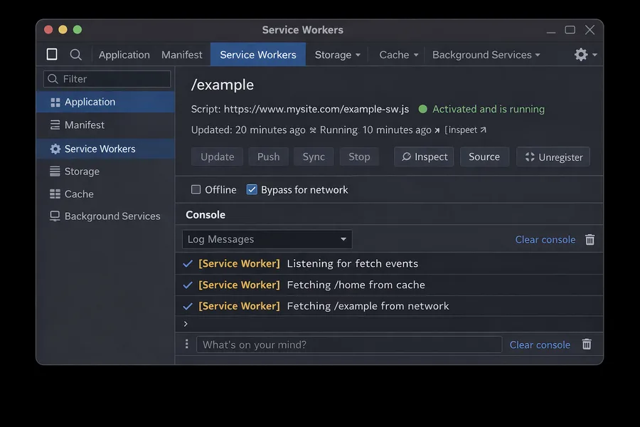 Browser devtools showing a service worker listening for fetch events