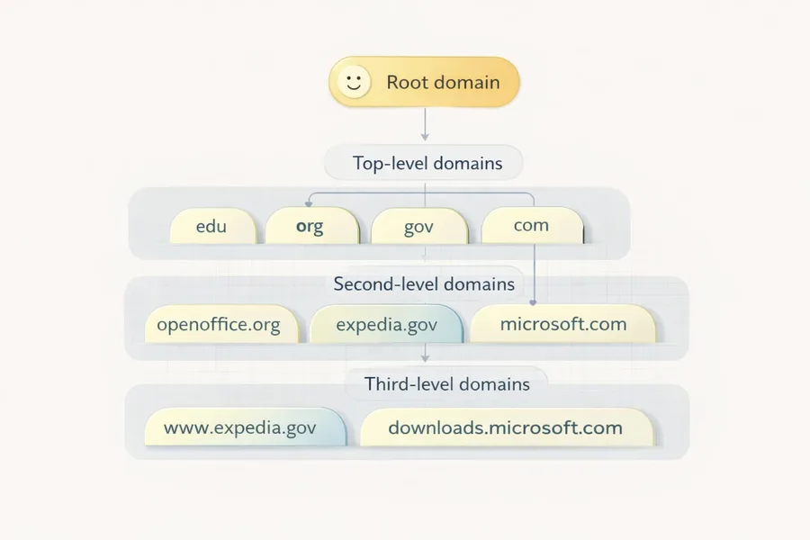 Domain hierarchy: root domain, top-level domains, second-level domains, third-level domains
